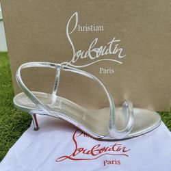 CHRISTIAN LOUBOUTIN ROSALIE 55 SILVER LEATHER STRAPPY SANDALS SZ 38.5 NEW SEASON  