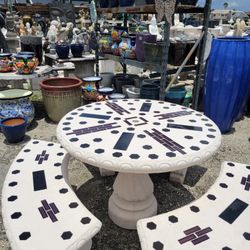 Concrete Mosaic Picnic Table with 3 Benches/ Outdoor Patio Furniture