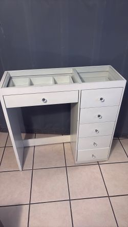 White glass top Vanity desk one side of 5 drawers