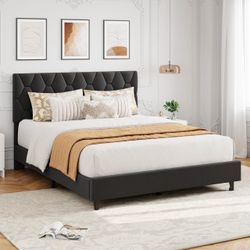 Garvee Platform Bed Frame with Adjustable Upholstered Headboard, Modern Metal and Wood Queen Bed Frame, Wooden Slats Support, Triangular Feet, Easy As