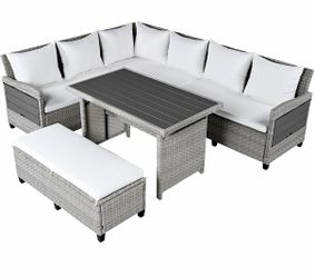 NEW 5-Piece Outdoor Patio Conversation Set – White Cushions & Gray Wicker