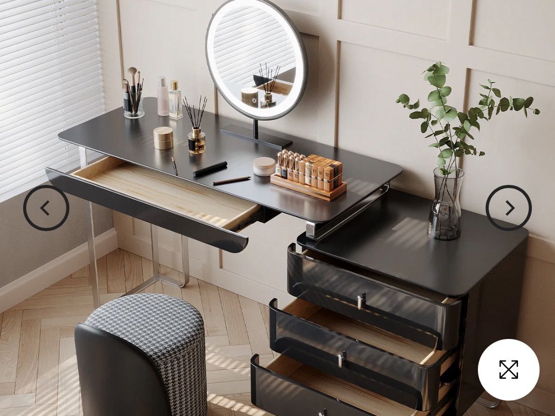 Black Vanity Desk Mirror with Lights, Drawers, Stool