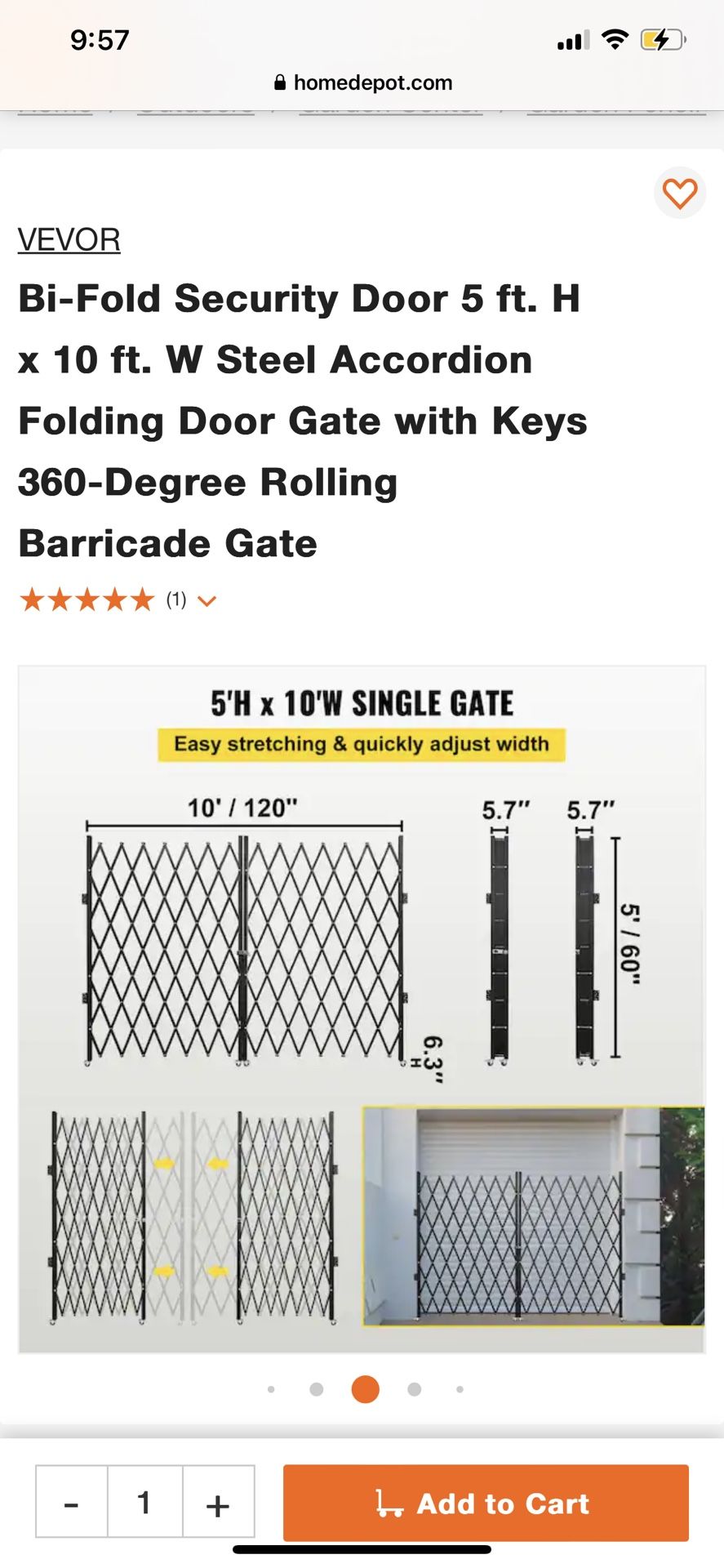 Bi-Fold Security Door 5 ft. H x 10 ft. W Steel Accordion Folding Door Gate with Keys 360-Degree Rolling Barricade Gate