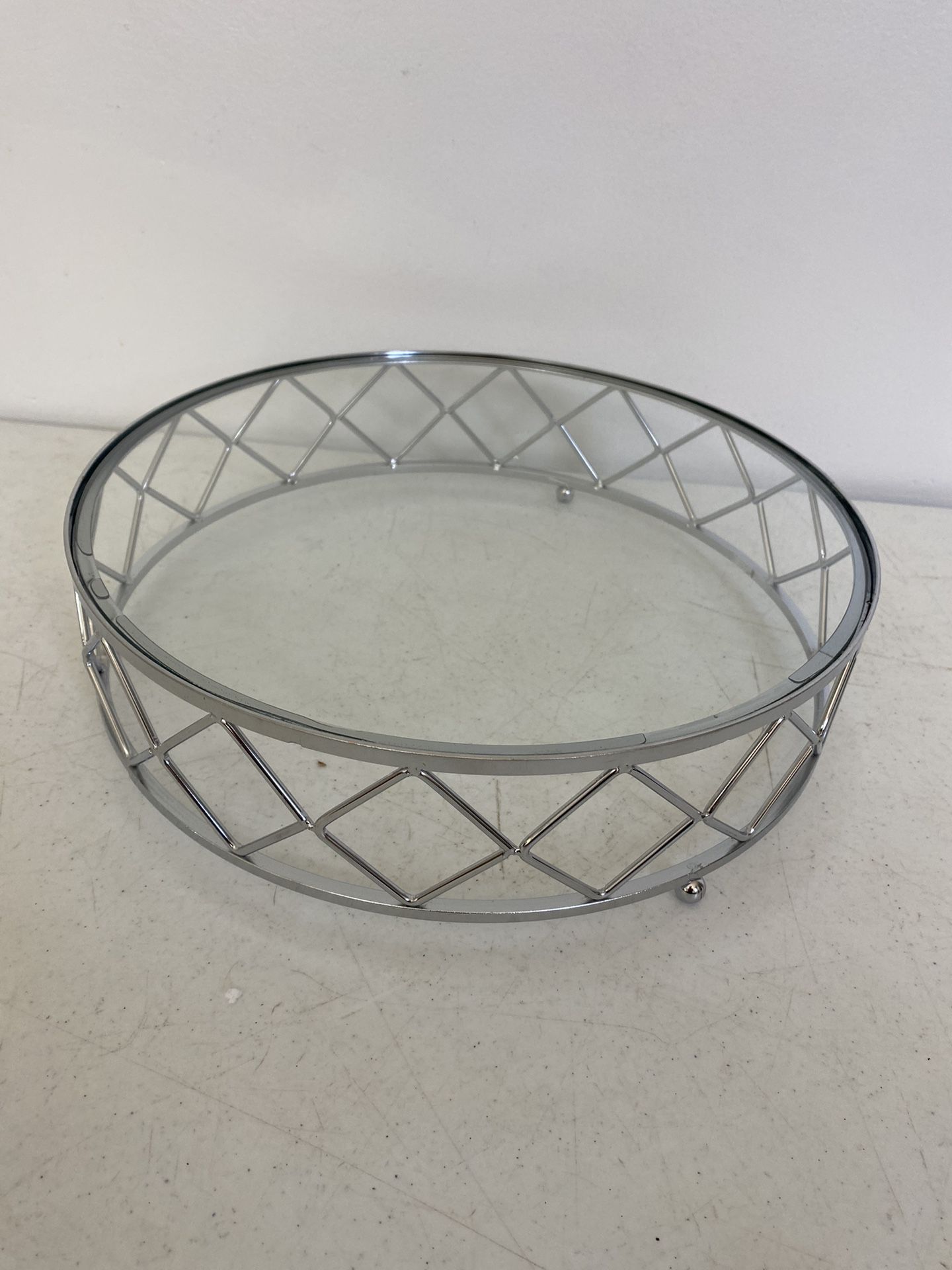 New! Glass Top Metal Silver 14”round  Geometric Cake Stand Wedding,Bridal shower,baby shower,events