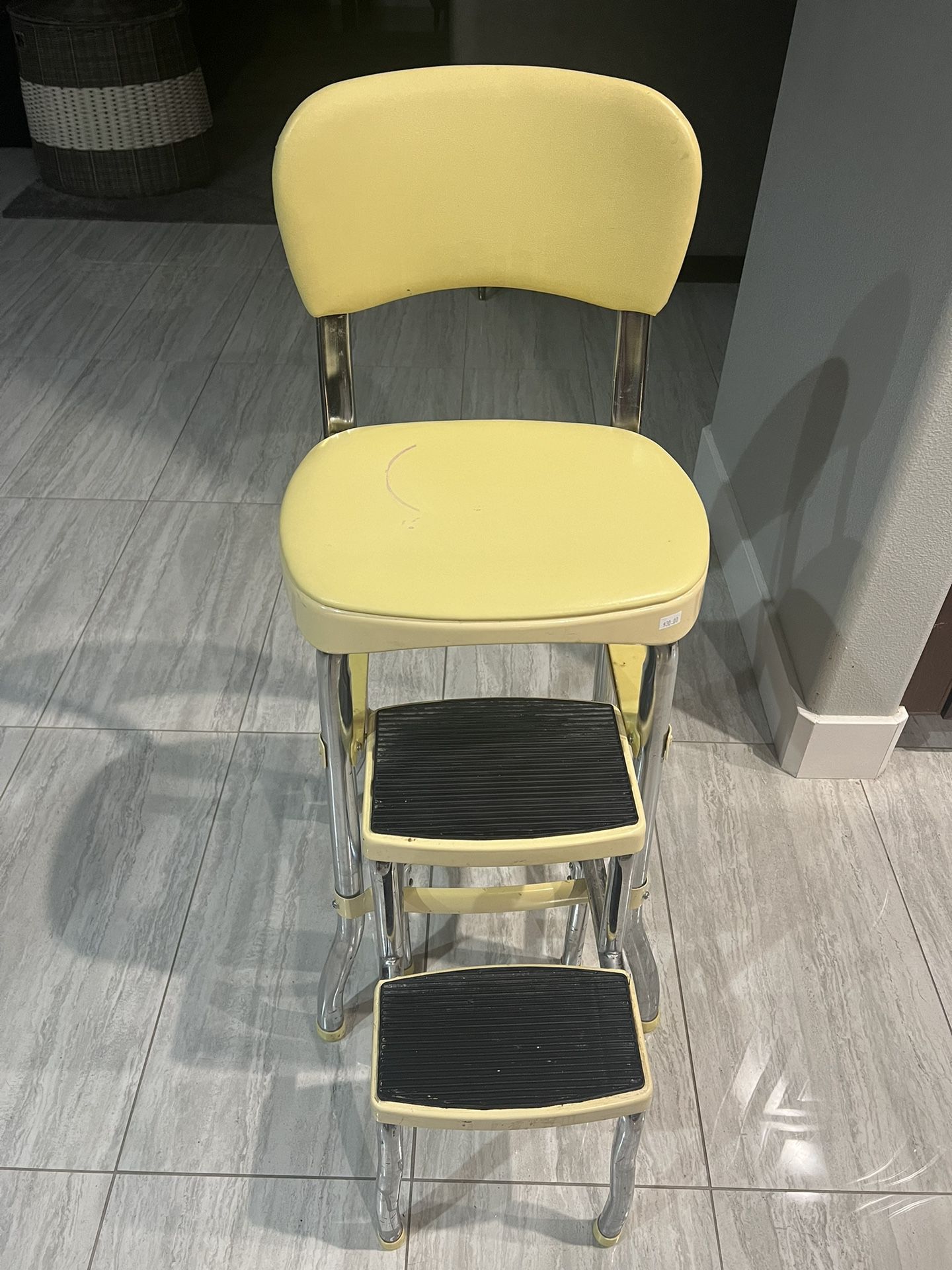 Vintage Cosco Yellow Step Stool Chair w/Pull Out Steps & Chrome Legs 1950s