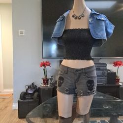 EASTER SALE-Short Sleeve Cropped Denim Jacket  Size : XL