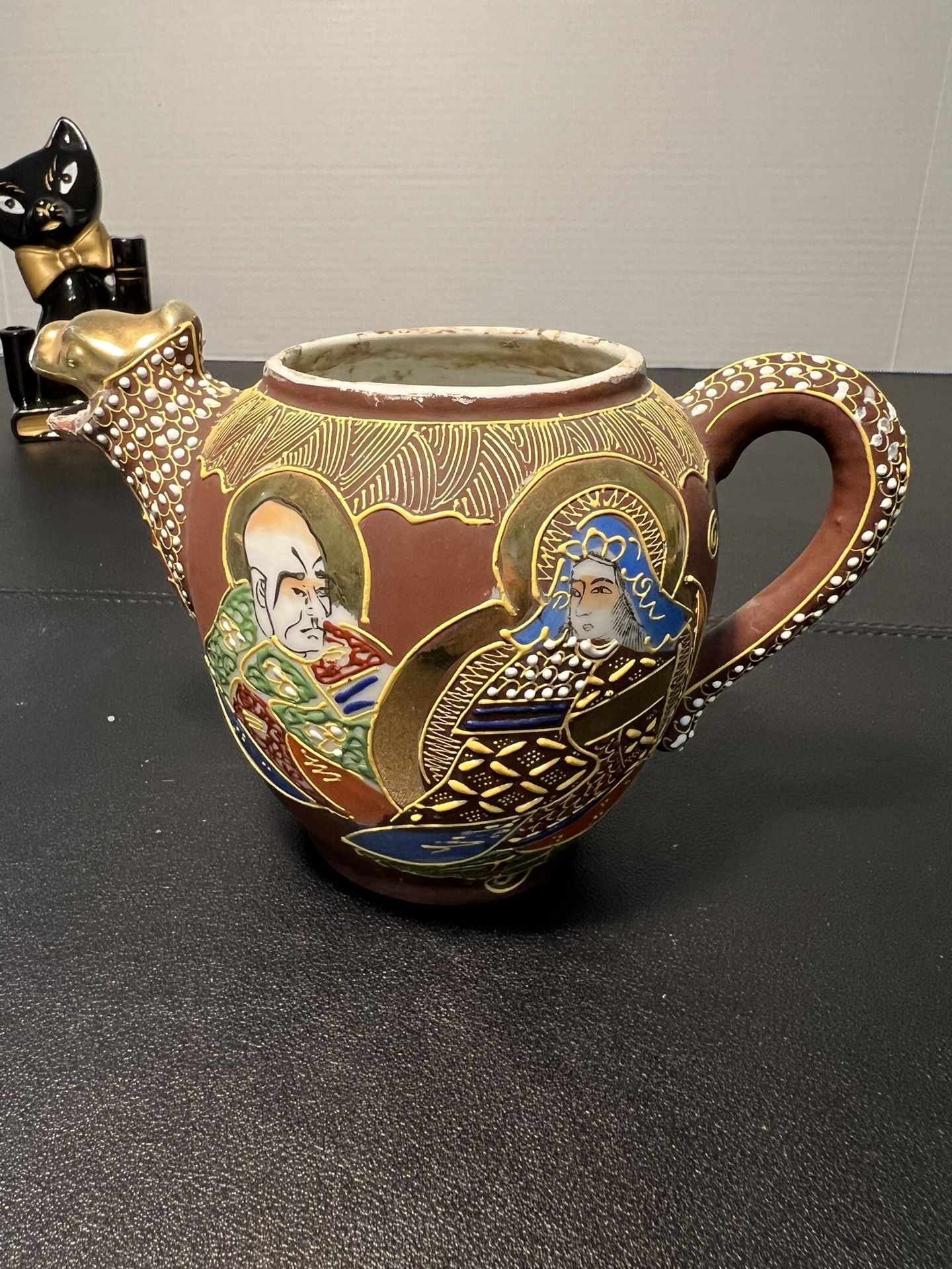 Japanese Antique 1868 To 1912 Meiji Satsuma Moriage Dragonware Immortals Teapot