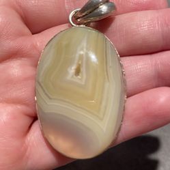 Large Natural Yellow Banded Agate Pendant 925 Vintage Bezel