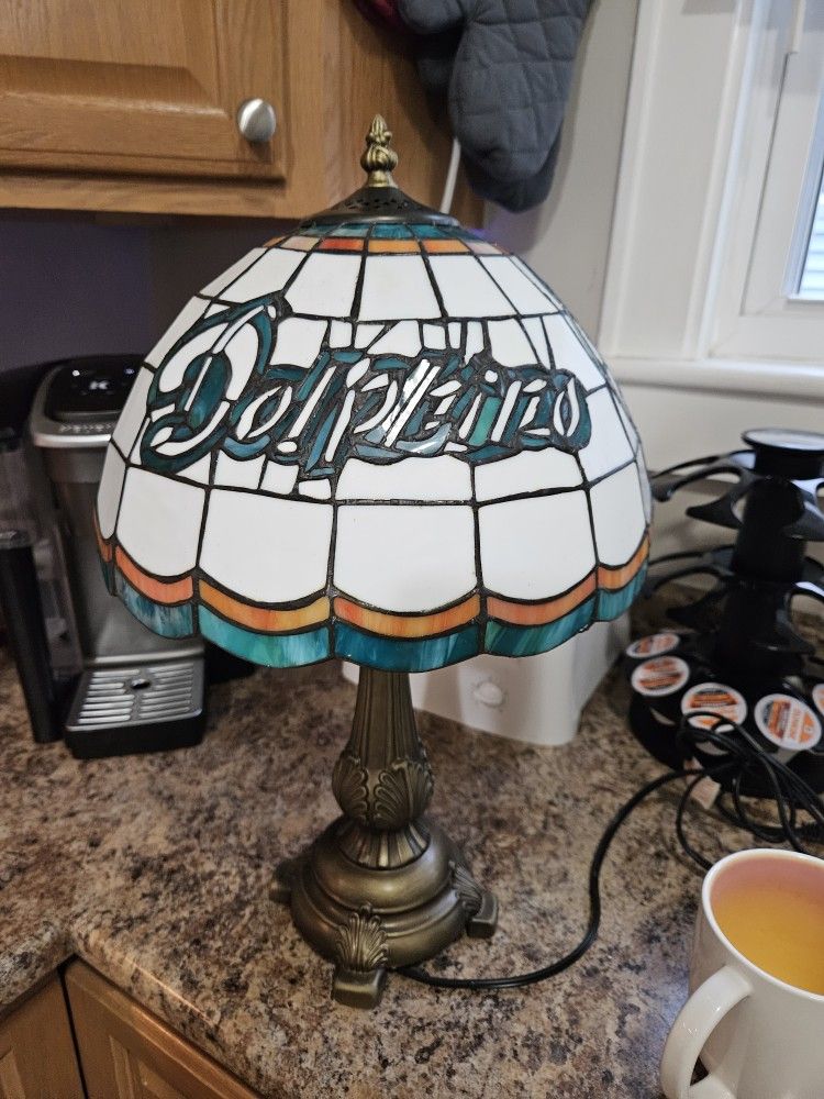 Miami Dolphins Tiffany Lamp by The Memory Company, 19.5-in Bronze Table Lamp with Stained Glass