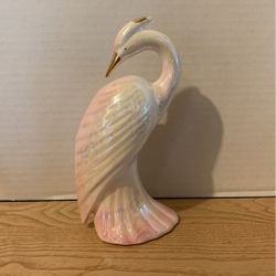 Vintage Pink and White Ceramic Heron With Gold Accents 8” X 4” A29