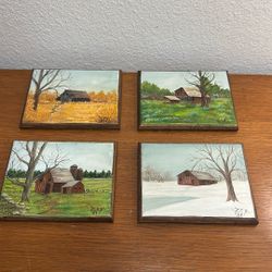 Vintage Original Paintings ,  On Wood Planks ( 4 Seasons ) Artist Signed 