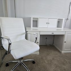 White Desk, Credenza & White Chair