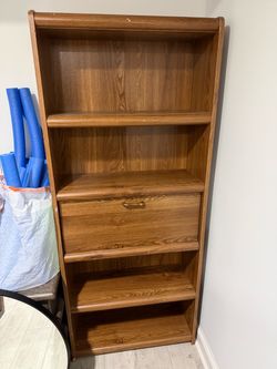 Wood Bookcase with Drop-Down Drawer
