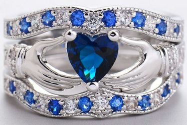 Claddagh Heart Cut Sapphire & 925 Sterling Silver Crystal Ring Wedding 3pcs