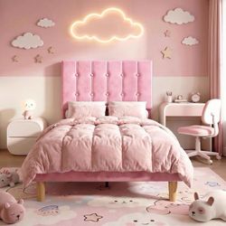 Twin Bed Frames with Headboard, Velvet Upholstered, Pink