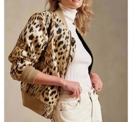 Banana Republic Womens Metallic Leopard Print Satin‎ Bomber Jacket Gold Brown L