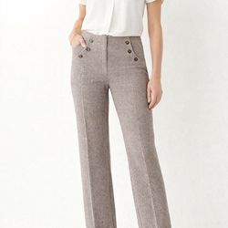 Express Women’s Pants Size 30x33 Stretch Brown Houndstooth High Rise Button Detail