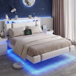 2354  IDEALSOUL Queen Size Floating Bed Frame with Upholstered Storage Headboard, Metal Platform Bed with Charging Station & LED,No Box Spring Needed,