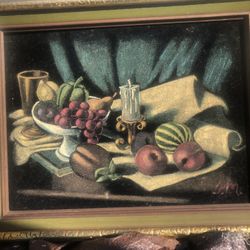 Vintage  Velvet Painting , Still Life Signed By Artist  15 X 19