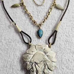 Necklace four strand jadeite lions head pendant leather strap signed KC  20"long