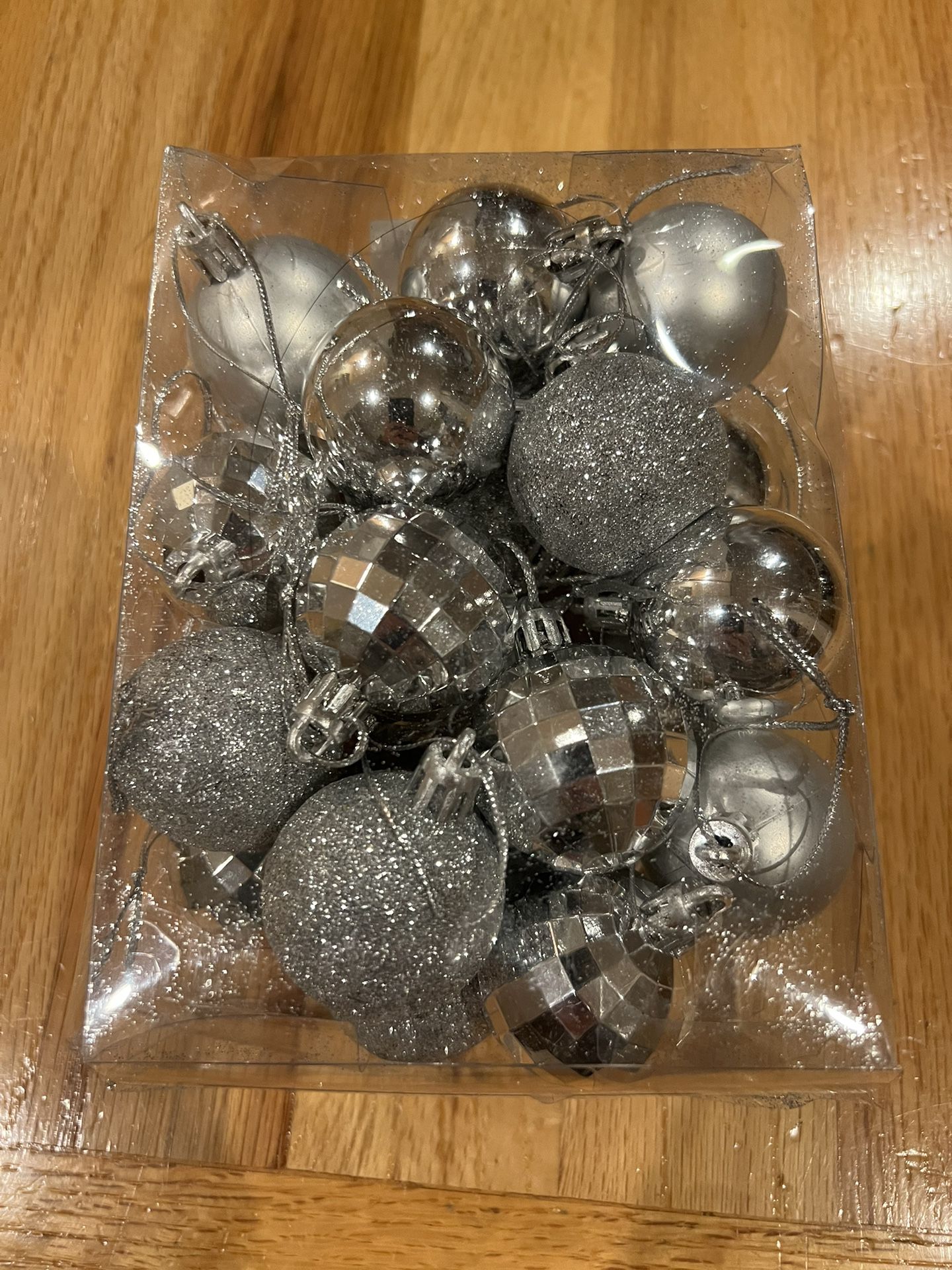 Christmas Ornaments Shiny Silver with Hooks 1.57” -4 Types