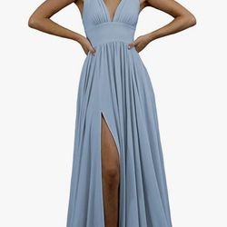 Ruched V Neck Dusty Blue Long Dress