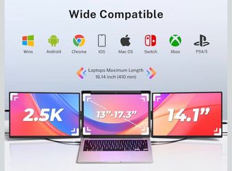 Laptop Screen Extender, 2.5K Triple Laptop Screen Extender Monitor, Plug-Play 360° Rotation Multiple Screens for Laptop Fits 13-17 Inch Compatible wit
