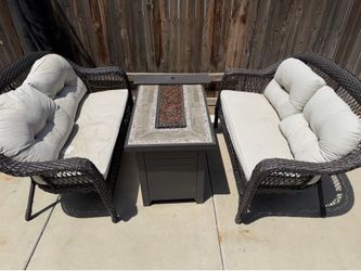 Fire pit table and patio chairs