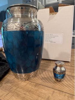 New Ocean Blue Brass Cremation Urn Set with Matching Keepsake Urn – Unused in Box