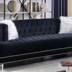 2pc Sofa & Love Seat - Black Velvet Tufted Sofa Set With Silver Nailhead Trim & Acrylic Feet