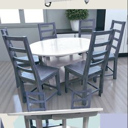 Wood White Dining Room Drop Down Table, 8 Wood Dining Chairs 
