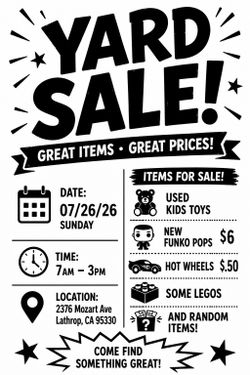Yard Sale! Here until 1pm Toys  Lots of funkos pops and hot wheels and legos and random items