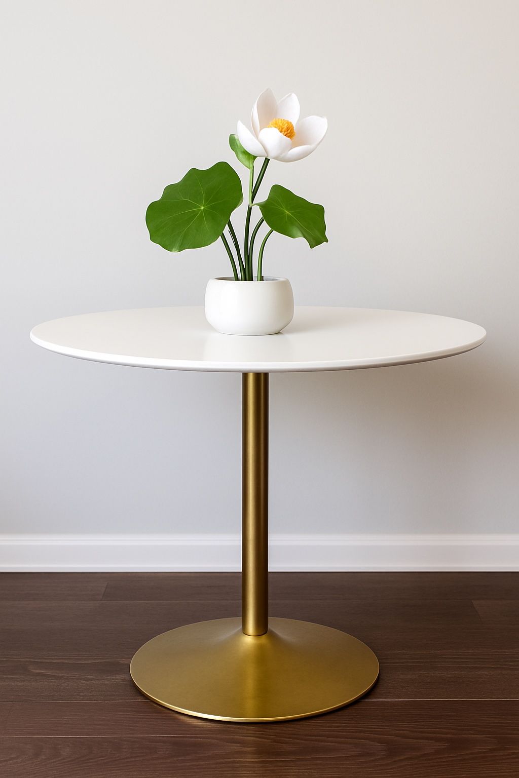 Round White Pedestal Dining Table w/ Gold Base