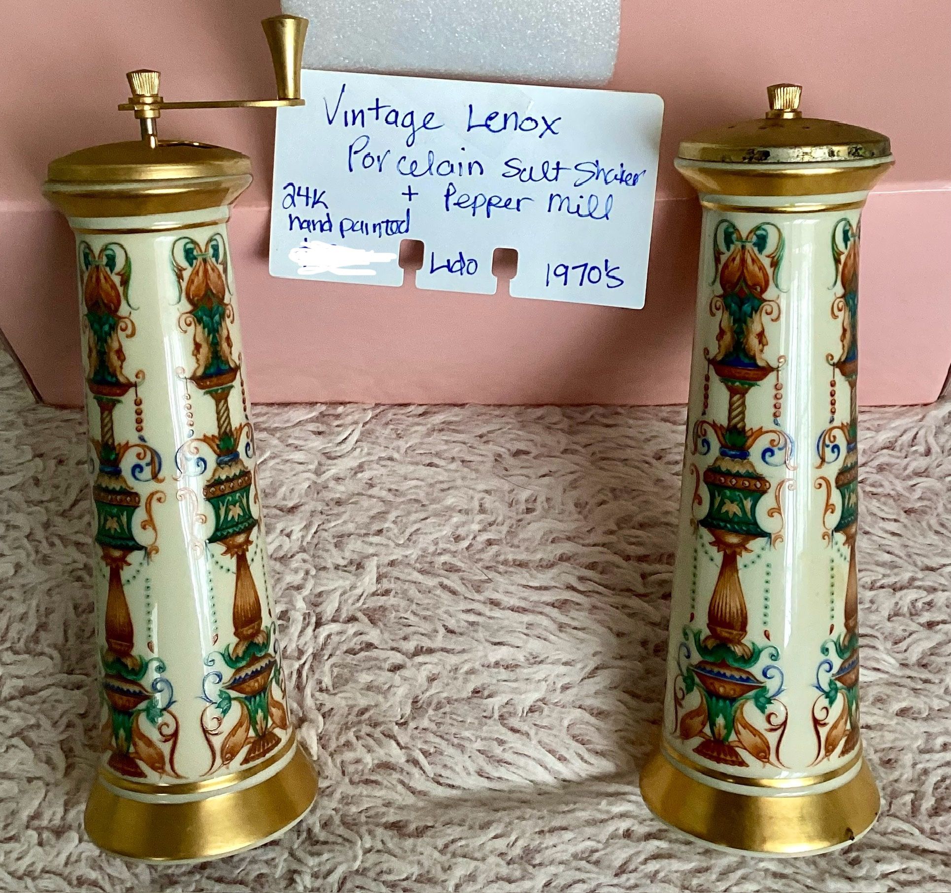 Vintage Lenox Lido Salt Shaker & Pepper Mill Grinder Made in USA 24K Trim