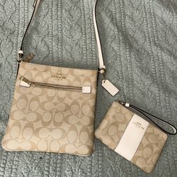 Coach Signature Canvas Crossbody + Wallet – Beige/Khaki with White Trim – Excellent