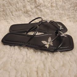 Brand New Women's Rhinestone Butterfly Strappy Slide Sandals Square Open Toe Glitter Elegant Flats Size 6