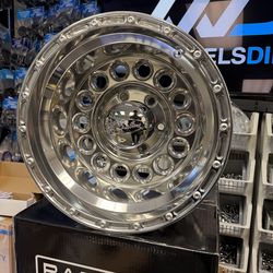 (4) Raceline 887 Rock Crusher 15x10 6x5.5" -47mm Polished Wheels Rims 15" Inch