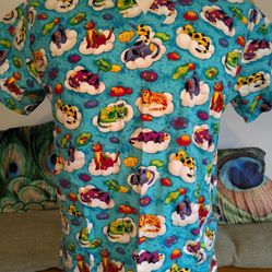 Vtg Women's Blue Cat/Dog Print Scrub Top