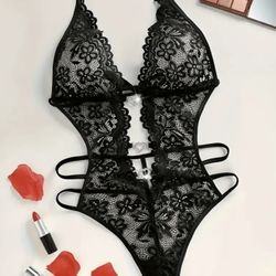 Black Lace Floral Bodysuit