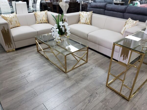 2 pc Stylish Cream Faux leather Glam Sofa & Love seat with gold details!!