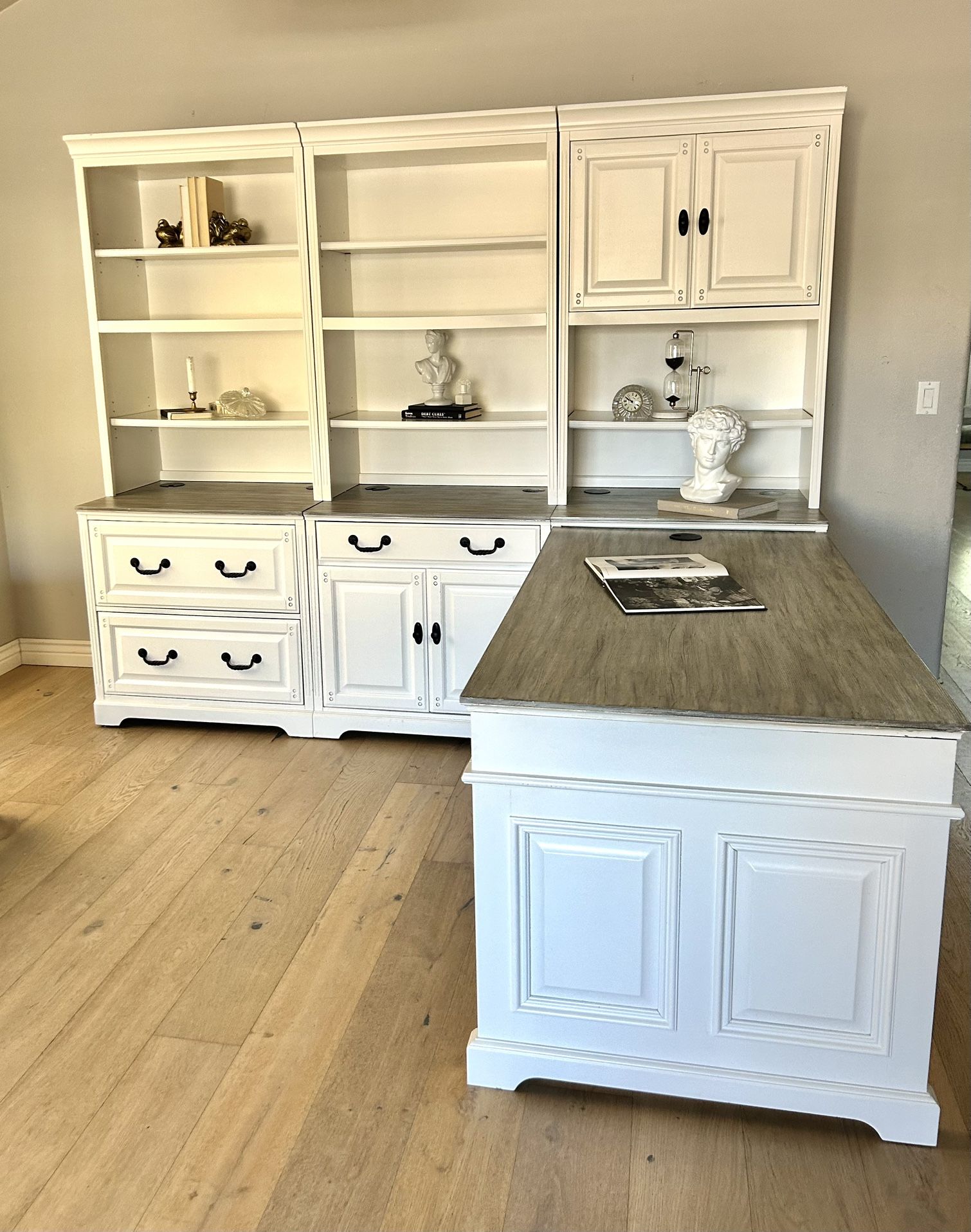 Gorgeous T or L white office reception desk with bookshelves and file drawers