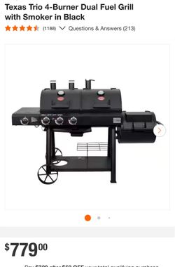 New in the box Texas Trio 4-Burner Dual Fuel Grill with Smoker in Black