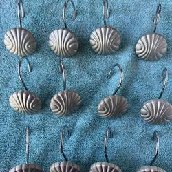 12 Acrylic Silver Shell Shower Curtain Hooks 1.5 in  Silver Tone Hooks