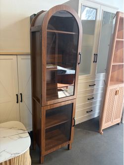 64” Tall Arched Display Cabinet with Acrylic Glass Doors 5-Tier Kitchen Pantry Storage Cabinets Modern Wood Curio Cabinet Bookcase ,Walnut