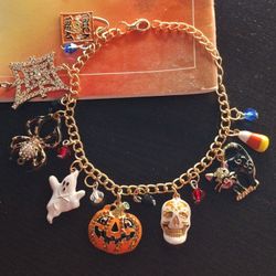 Halloween fun & festive charm bracelet, gold tone, enamel charms & rhinestones