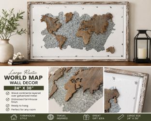 Beautiful large farmhouse-style world map wall décor featuring wood continents layered over a galvan