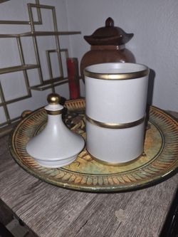 White and Gold Ceramic Canister and Mini Tagine Set
