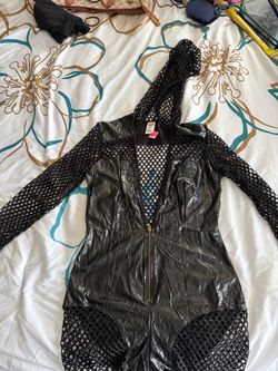 Tinkas closet mesh & faux leather romper with hood