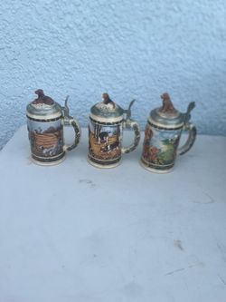 Lot Of 3 assorted Vintage Budweiser Hunter's Companion Series Beagle Lidded Beer Stein. Only one has the paper work.  All 3 are new without retail pac