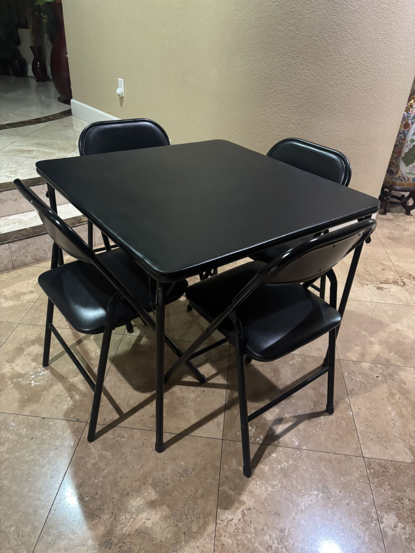 5 Pieces Black Folding Metal Vinyl Padded Chairs and Table
